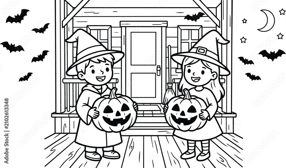 Fototapeta premium Halloween scene with two children in witch hats holding jack o lanterns on a porch