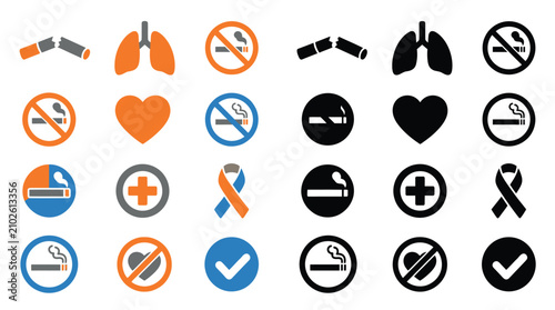 Photos Set of icons representing health and anti-smoking symbols in both color and black and white versions