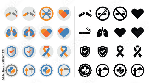 Tableau sur toile Collection of icons representing health, safety, and care, including symbols for smoking cessation, healthy lungs, and protection