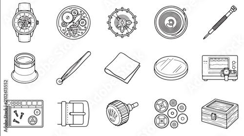 Photos Watchmaker tools and clock repair icons, 15 mechanical watch engineering vector