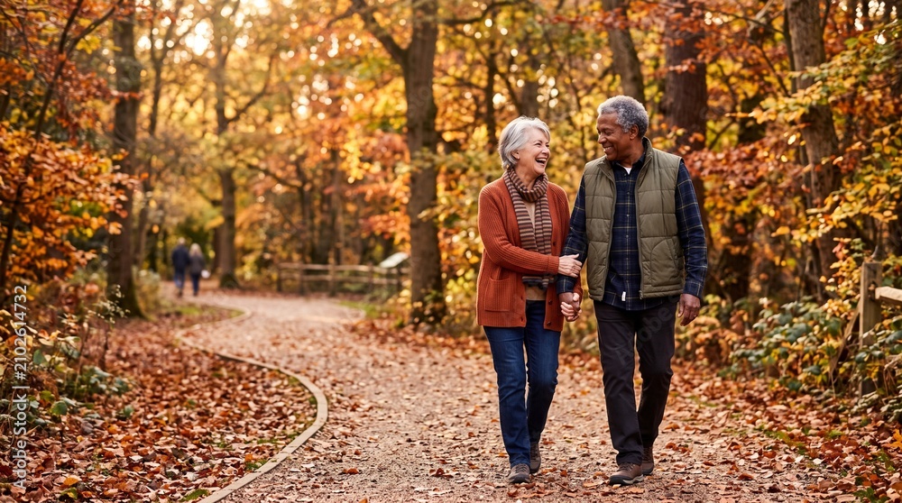 Obraz premium Senior Interracial Couple Walking in Autumn Park