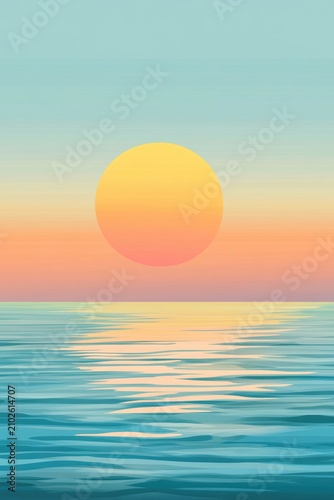 A large, yellow sun sets over a calm, blue ocean water