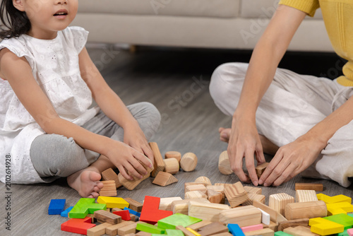 Принти на полотні Happy children play and learn, education, homeschool little girl create wooden t