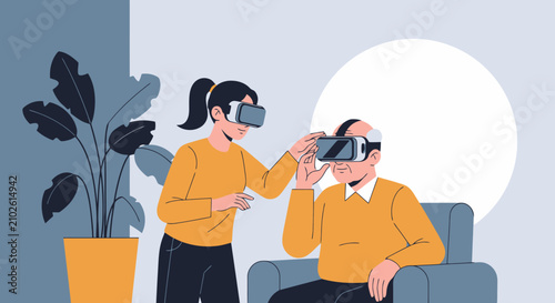 Young woman helping senior man use virtual reality headset at home