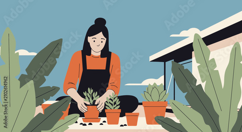 Young woman gardening with potted plants on a house terrace rooftop