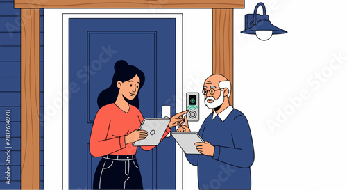 Young woman teaching senior man to use smart doorbell at front door