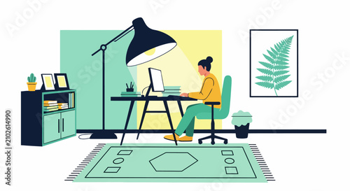 Young woman working on computer at home desk in cozy modern office