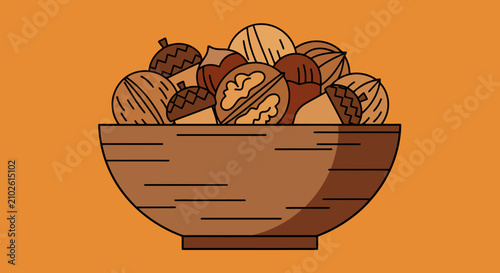 Bowl of assorted nuts including walnuts and acorns in flat vector style