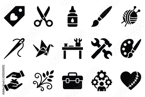 Set of craft and hobby icons including sewing, painting, tools, and creative projects