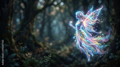 Celestial Fairy Silhouette Dissolving into Ancient Forest
