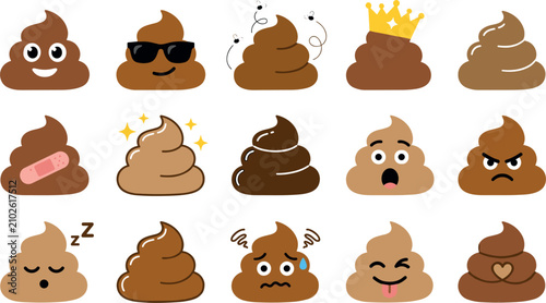 Cute Poop Emoji Vector Icon Set with Diverse Expressions and Characters Including Happy, Angry, Sad, Sleeping, Crown, Sunglasses, and Plaster Designs