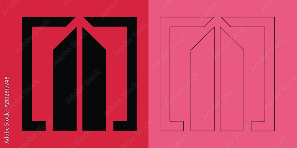 Fototapeta premium Abstract square building in solid black and outline style on red and pink backgrounds for real estate branding