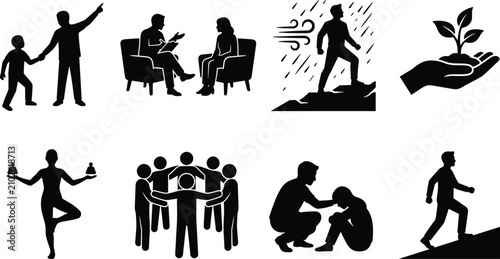 Mental health and personal growth icon set featuring therapy support resilience and self care vector silhouettes