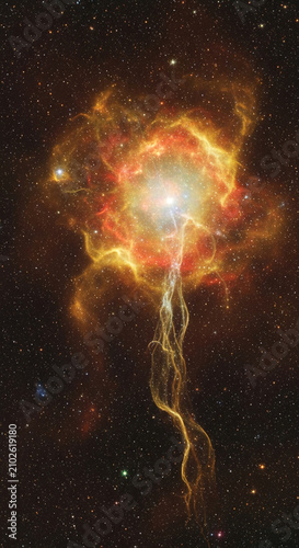 Vibrant nebula with glowing orange and yellow gas against a dark starfield, symbolizing cosmic energy, creation, and the vastness of space.