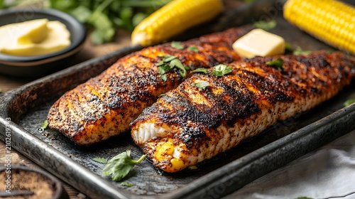 Delicious Spicy Grilled White Fish Fillets with Melting Butter and Roasted Corn on a Rustic Tray