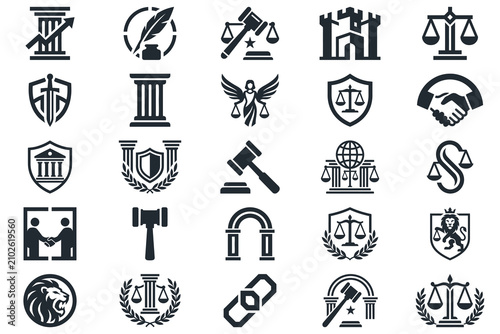  icon set law firm logo collection , justice logo set , black and white background	
