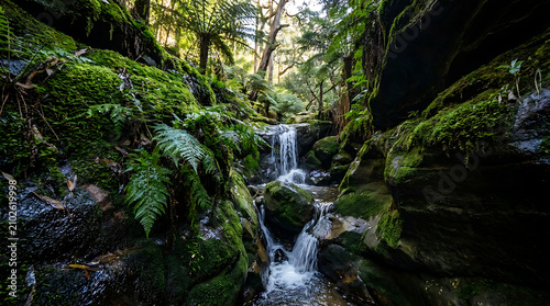 Flow Through Mossy Forest Stream with Waterfalls and Ferns