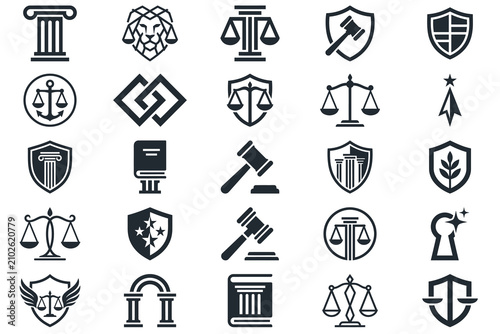  icon set law firm logo collection , justice logo set , black and white background	
