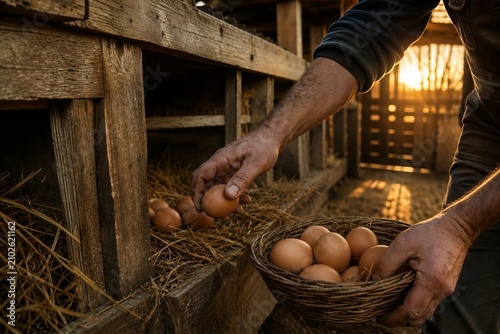A hard-working farmer collects fresh brown chicken eggs inside a rustic wooden coop during a golden sunset.