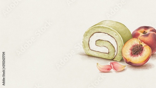 A national dish of Japanese cuisine. 
A sponge cake roll with matcha tea and peach (also known as Matcha Roll Cake in Asia). Photo with space for text.