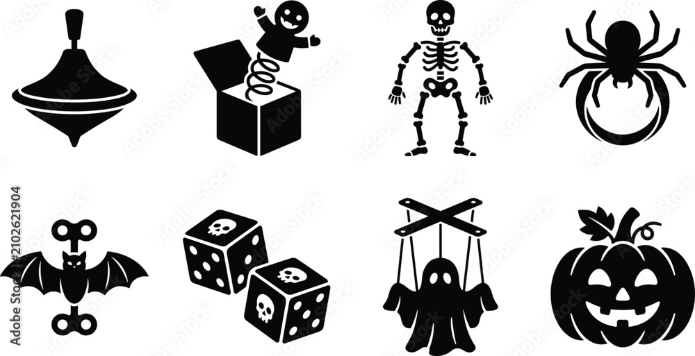 Naklejka premium Halloween toy silhouette icons featuring spinning top, jack-in-the-box, skeleton, spider, wind-up bat, dice, ghost puppet, and pumpkin