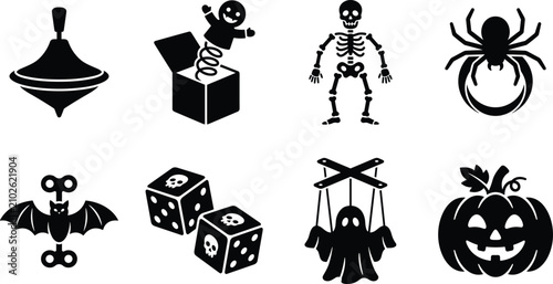 Canvastavla Halloween toy silhouette icons featuring spinning top, jack-in-the-box, skeleton