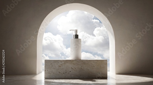Minimalist white bottle with dispenser on marble shelf against a cloudy sky backdrop framed by an archway.