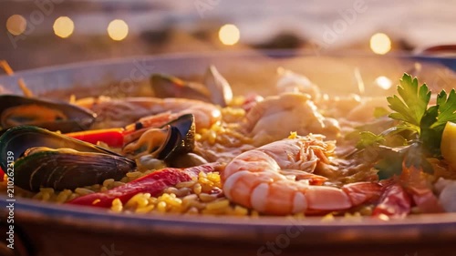 Spanish Seafood Paella Cooking in Pan on the Beach at Sunset 4K Video