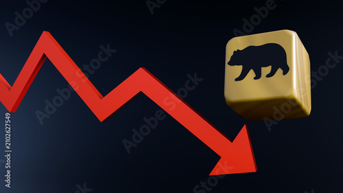 Obraz na płótnie A 3D rendering of red arrow charting a volatile downward trajectory and cube stamped with a silhouette of a bear