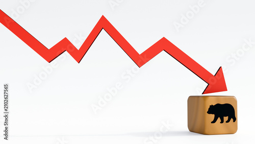 Foto A 3D rendering of red arrow charting a volatile downward trajectory and cube stamped with a silhouette of a bear