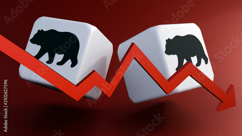Bild auf Leinwand A 3D rendering of red arrow charting a volatile downward trajectory and cube stamped with a silhouette of a bear
