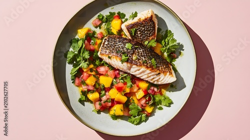 Delicious Pan-Seared White Fish Fillet with Fresh Mango Tomato Salsa and Herbs on Pink Background