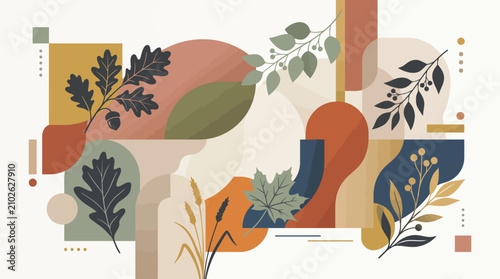 Abstract boho autumn background template with organic shapes and fall leaves