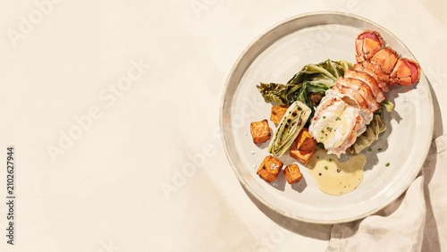 The national dish of American cuisine. 
Grilled lobster tail, served with asparagus and baked sweet potato cubes. A photo with a place for the text.