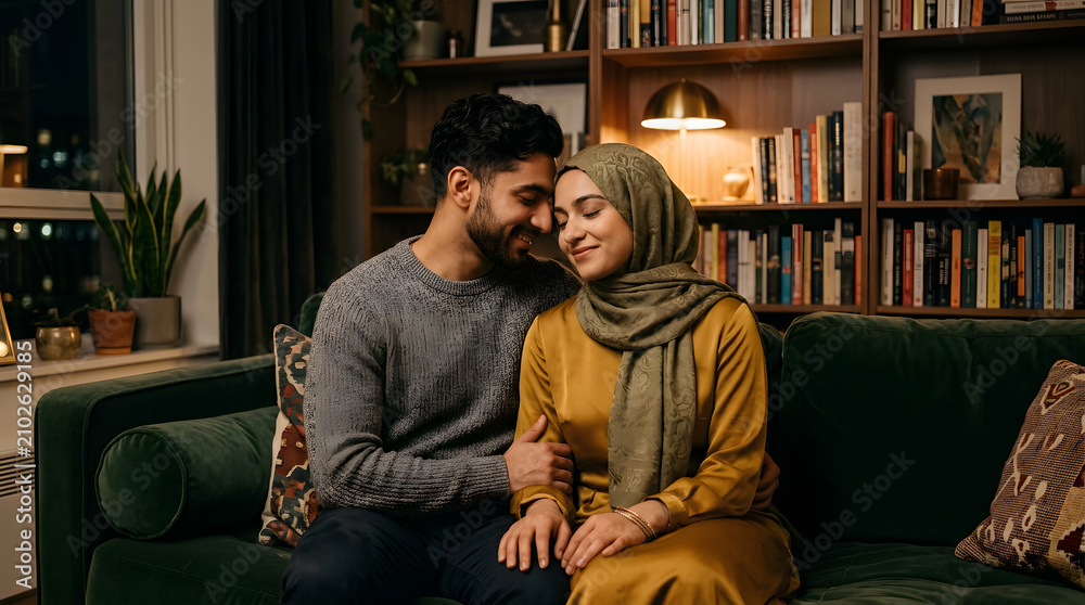 Fototapeta premium Affectionate young Muslim couple sharing a cozy romantic moment at home on a green velvet sofa
