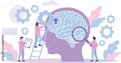 Fotografía Team of specialists conducting cognitive audit on a human brain silhouette for p