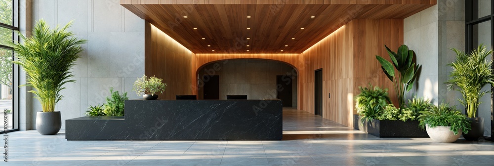 Fototapeta premium Contemporary hotel reception with long black marble counter and ceiling wood accents for hospitality interior background and lobby banner