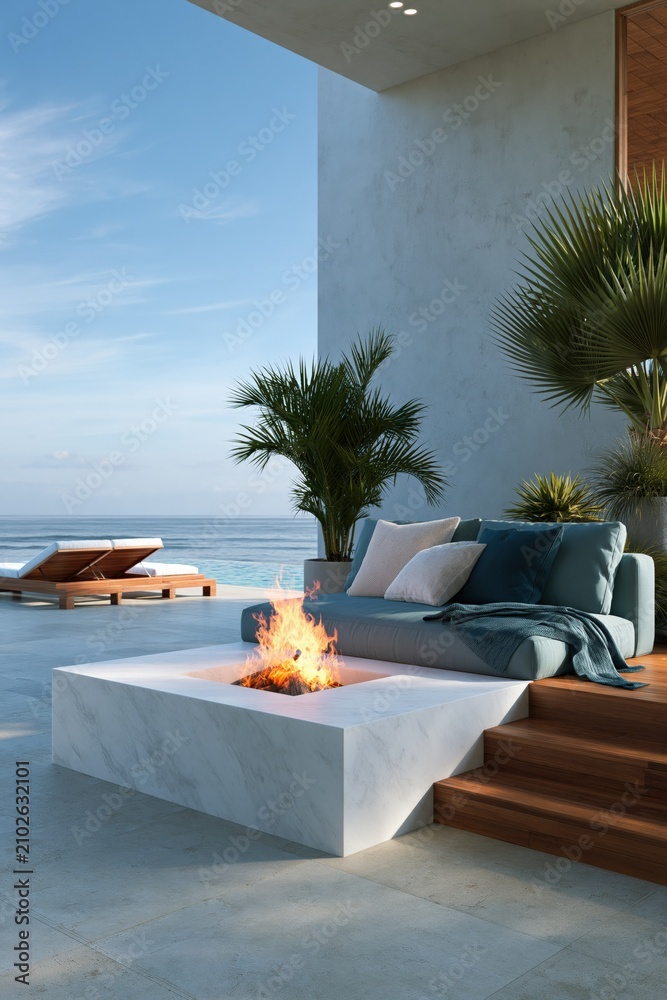 Obraz premium Luxury modern patio with marble square fire pit and oceanfront seating for coastal resort background and banner design