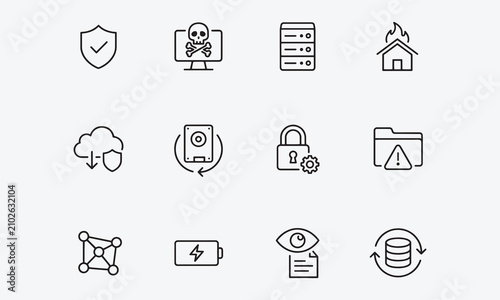 Disaster recovery icon set. Contain icons related to Data Safety, Computer Virus, Data center, House On Fire