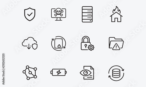 Disaster recovery icon set. Contain icons related to Data Safety, Computer Virus, Data center, House On Fire