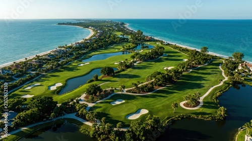 Aerial View of a Pristine Golf Course on a Tropical Island Coastline.