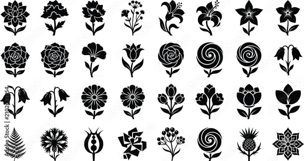 Obraz premium Elegant Vector Collection of Black Floral Silhouette Icons Featuring Roses, Daisies, Tulips, Lilies, and Decorative Botanical Patterns