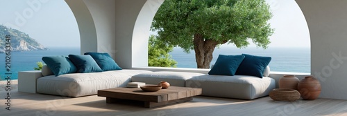 Mediterranean oceanfront seating area with low white daybeds and teal pillows for coastal banner and background design in modern minimalist terrace