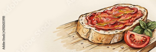 A national dish of Spanish cuisine. 
A traditional pan con tomate toast with jamon. A banner with space for text.