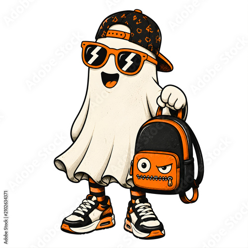 Trendy ghost character wearing a school backpack isolated on transparent background for students