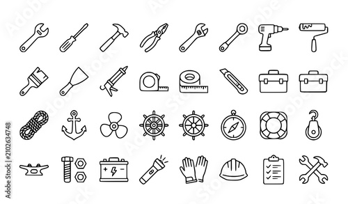 Boat repair tools outline icon set editable stroke transparent vector