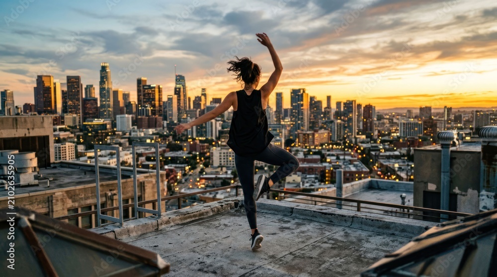 Fototapeta premium Ballerina Performs Graceful Dance on City Rooftop at Sunset.