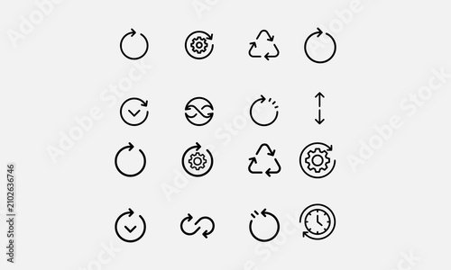 Photos Sync process, line art icon reload set, circle arrow with gear wheel, recycling recurrence, renewal sync processing icons