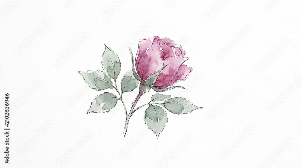 Fototapeta premium Delicate watercolor rose illustration, a single pink flower with green leaves, hand-painted botanical artwork for elegant design projects, wedding invitations, and romantic greetings.