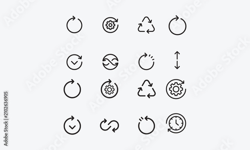 Quadro su tela Sync process, line art icon reload set, circle arrow with gear wheel, recycling recurrence, renewal sync processing icons